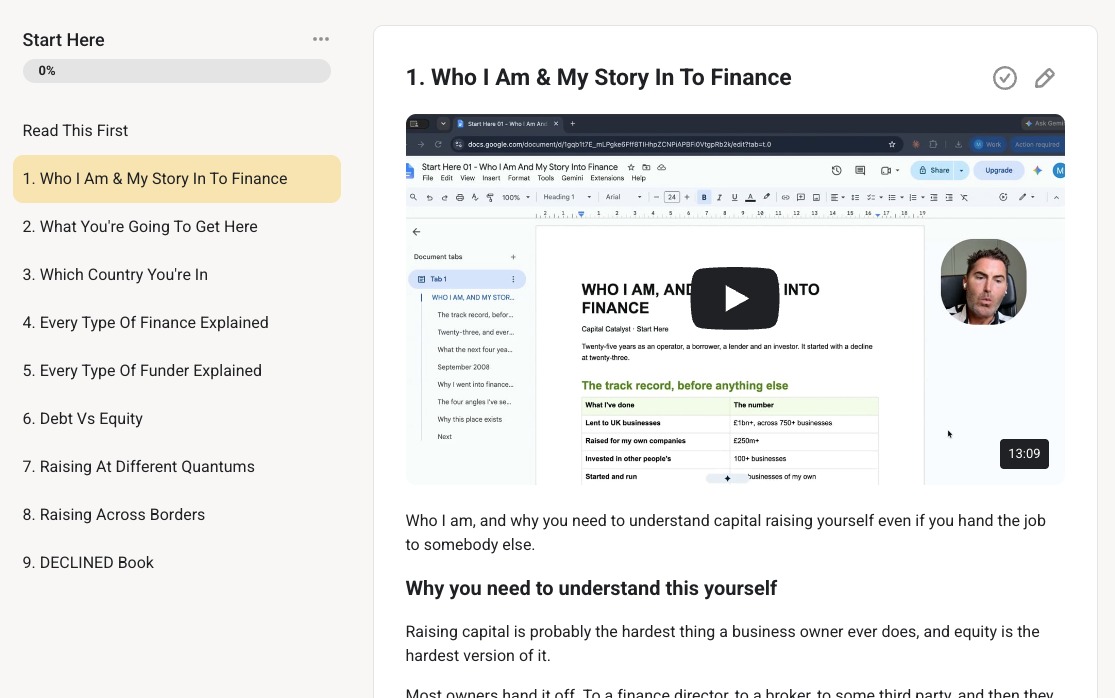 A Start Here lesson inside Capital Catalyst
