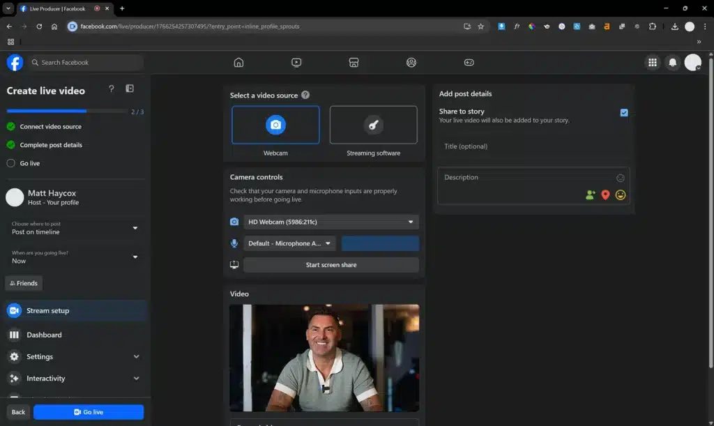 Stream video with Facebook Live