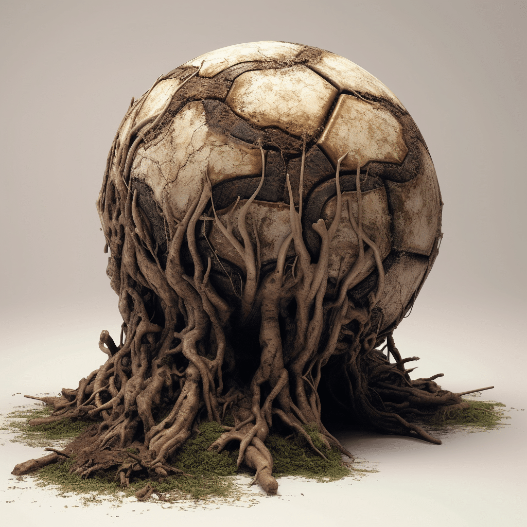 A football with rotting roots around it